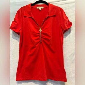 MICHAEL Michael Kors Red Zip Front Ruched Polo Shirt With Ruched Short Sleeves